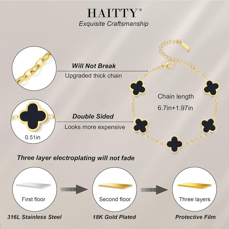 HAITTY 18K Gold Plated Clover Bracelet Set for Women White/Black/Gold/Silver/Green/Pink Adjustable Link Double-Sided Lucky Bracelets Trendy Bracelets Set Jewelry Gifts for Women Men - Image 1